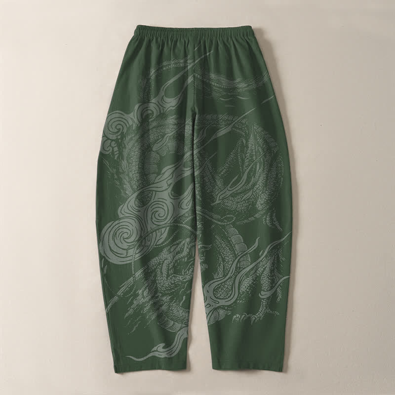 Buddha Stones Pantalones de hombre de algodón puro con estampado de ondas de dragón místico, cordón ajustable y corte cónico, con bolsillos. - image 14