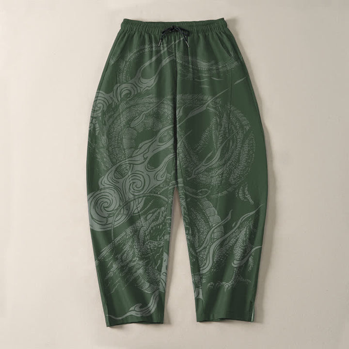 Buddha Stones Pantalones de hombre de algodón puro con estampado de ondas de dragón místico, cordón ajustable y corte cónico, con bolsillos. - image 13