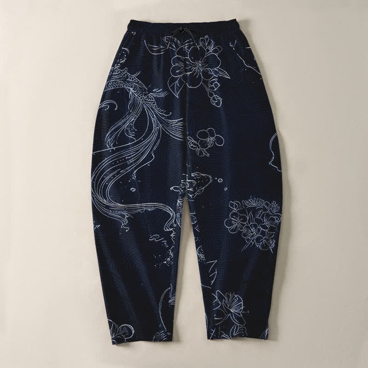 Buddha Stones Pantalones de hombre de algodón puro con estampado floral de olas y cordón ajustable, corte cónico y bolsillos. - image 13