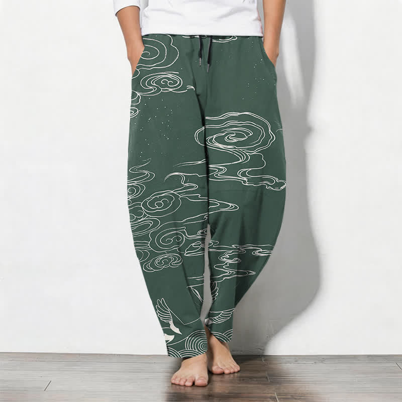 Buddha Stones Pantalones de hombre de algodón puro con estampado de nubes auspiciosas y grullas, con cordón ajustable y bolsillos. - Verde mar medio - US/UK/AU50, EU60 (5XL) - image 0
