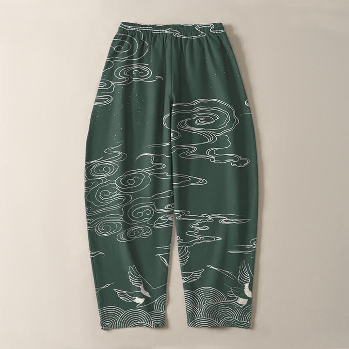 Buddha Stones Pantalones de hombre de algodón puro con estampado de nubes auspiciosas y grullas, con cordón ajustable y bolsillos. - image 3