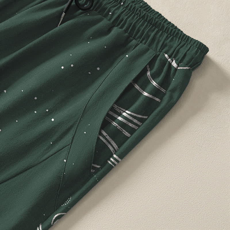 Buddha Stones Pantalones de hombre de algodón puro con estampado de nubes auspiciosas y grullas, con cordón ajustable y bolsillos. - image 4
