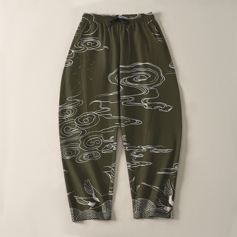 Buddha Stones Pantalones de hombre de algodón puro con estampado de nubes auspiciosas y grullas, con cordón ajustable y bolsillos. - image 9