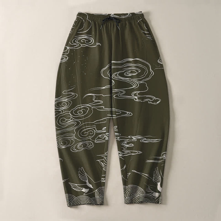 Buddha Stones Pantalones de hombre de algodón puro con estampado de nubes auspiciosas y grullas, con cordón ajustable y bolsillos. - image 9