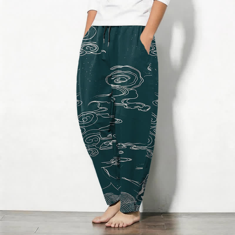 Buddha Stones Pantalones de hombre de algodón puro con estampado de nubes auspiciosas y grullas, con cordón ajustable y bolsillos. - image 12
