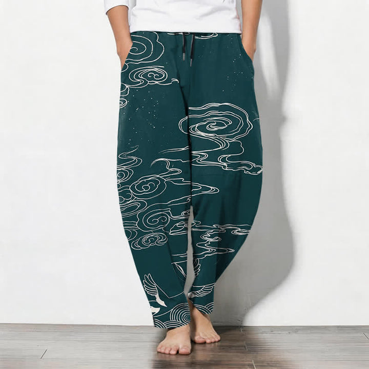 Buddha Stones Pantalones de hombre de algodón puro con estampado de nubes auspiciosas y grullas, con cordón ajustable y bolsillos. - Verde azulado - US/UK/AU50, EU60 (5XL) - image 11