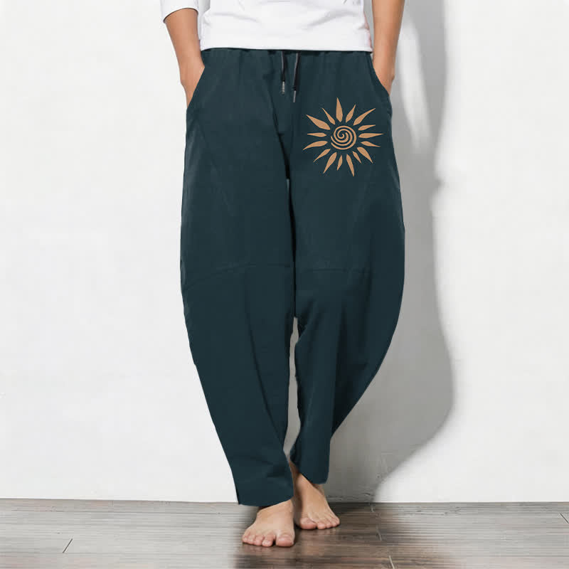 Buddha Stones Pantalones de hombre de algodón puro con estampado de espiral solar, cordón ajustable y corte cónico, con bolsillos. - Verde azulado - US/UK/AU50, EU60 (5XL) - image 7