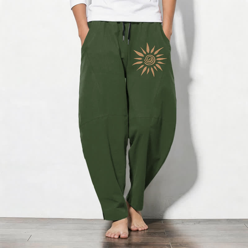 Buddha Stones Pantalones de hombre de algodón puro con estampado de espiral solar, cordón ajustable y corte cónico, con bolsillos. - Verde - US/UK/AU50, EU60 (5XL) - image 11