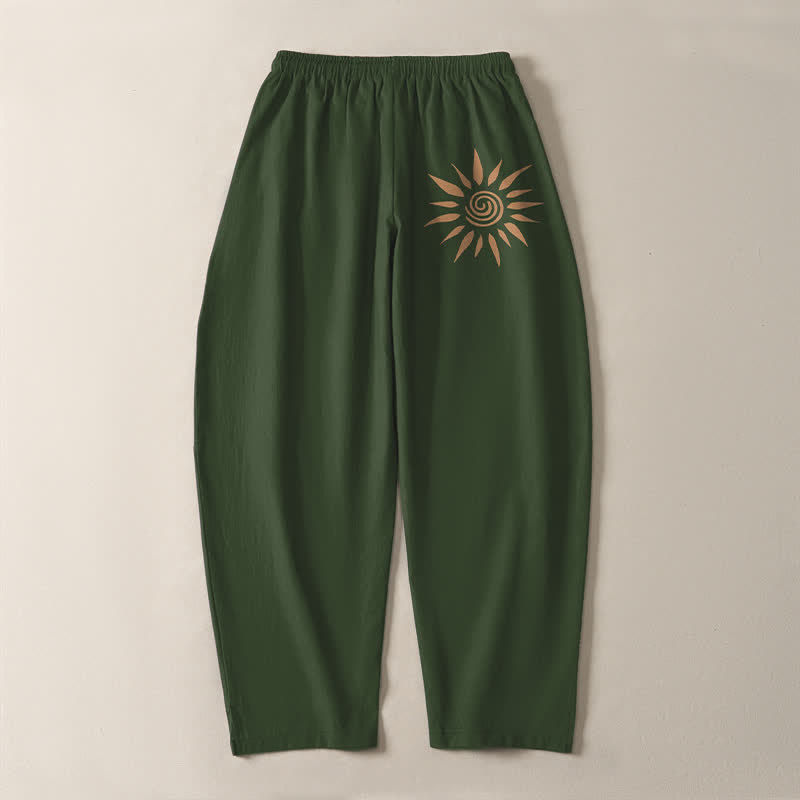 Buddha Stones Pantalones de hombre de algodón puro con estampado de espiral solar, cordón ajustable y corte cónico, con bolsillos. - image 14