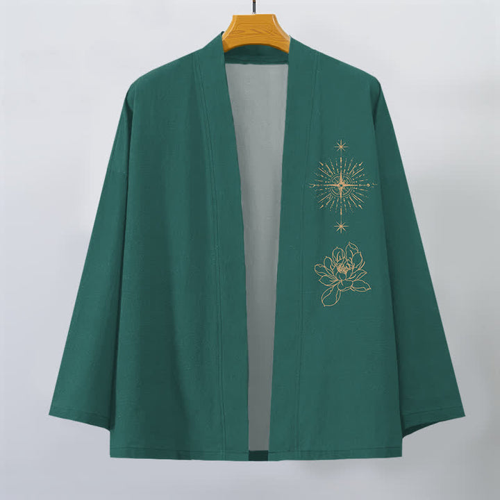 Buddha Stones Kimono de algodón con estampado de loto radiante y abertura frontal para hombre - image 10