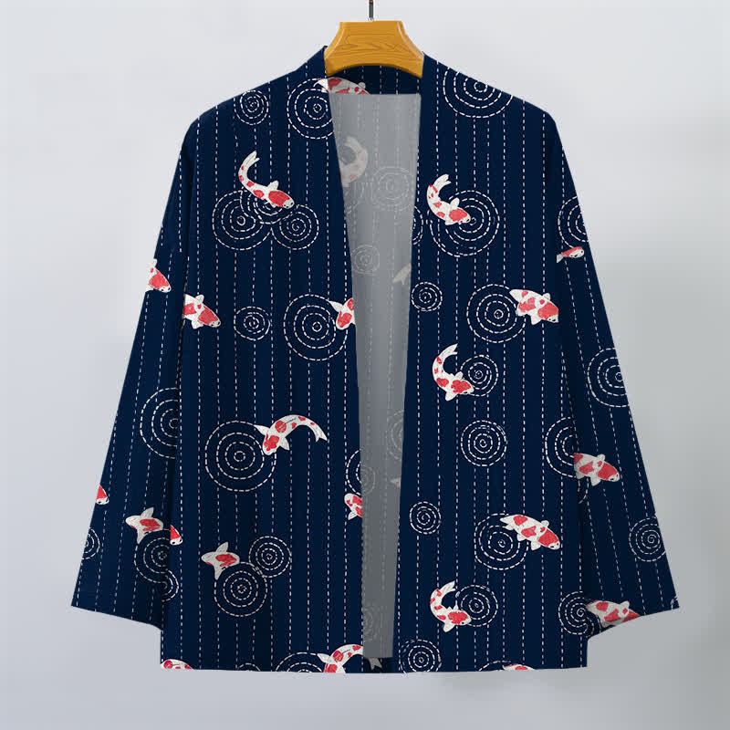 Buddha Stones Kimono de hombre con estampado de ondas de carpa koi y frente abierto - image 1