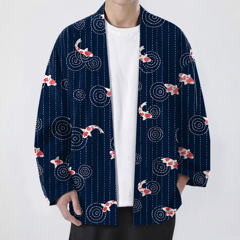 Buddha Stones Kimono de hombre con estampado de ondas de carpa koi y frente abierto - Marina de guerra - US/UK/AU48, UE58 (4XL) - image 0