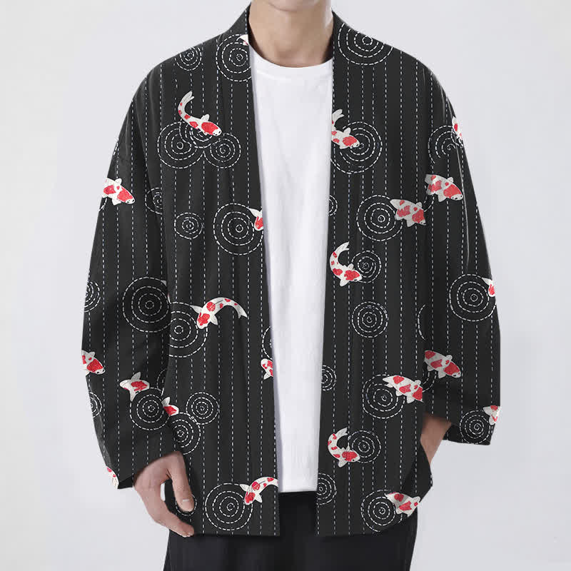 Buddha Stones Kimono de hombre con estampado de ondas de carpa koi y frente abierto - Negro - US/UK/AU48, UE58 (4XL) - image 6