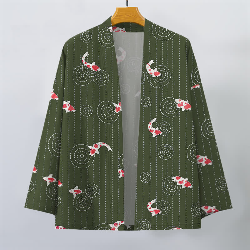 Buddha Stones Kimono de hombre con estampado de ondas de carpa koi y frente abierto - image 10