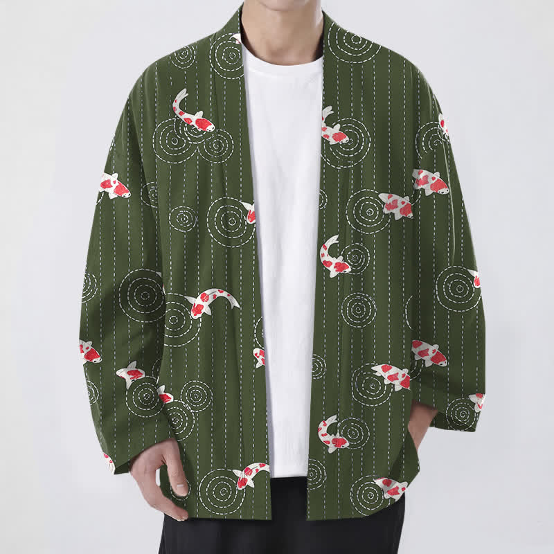 Buddha Stones Kimono de hombre con estampado de ondas de carpa koi y frente abierto - Verde oliva oscuro - US/UK/AU48, UE58 (4XL) - image 9