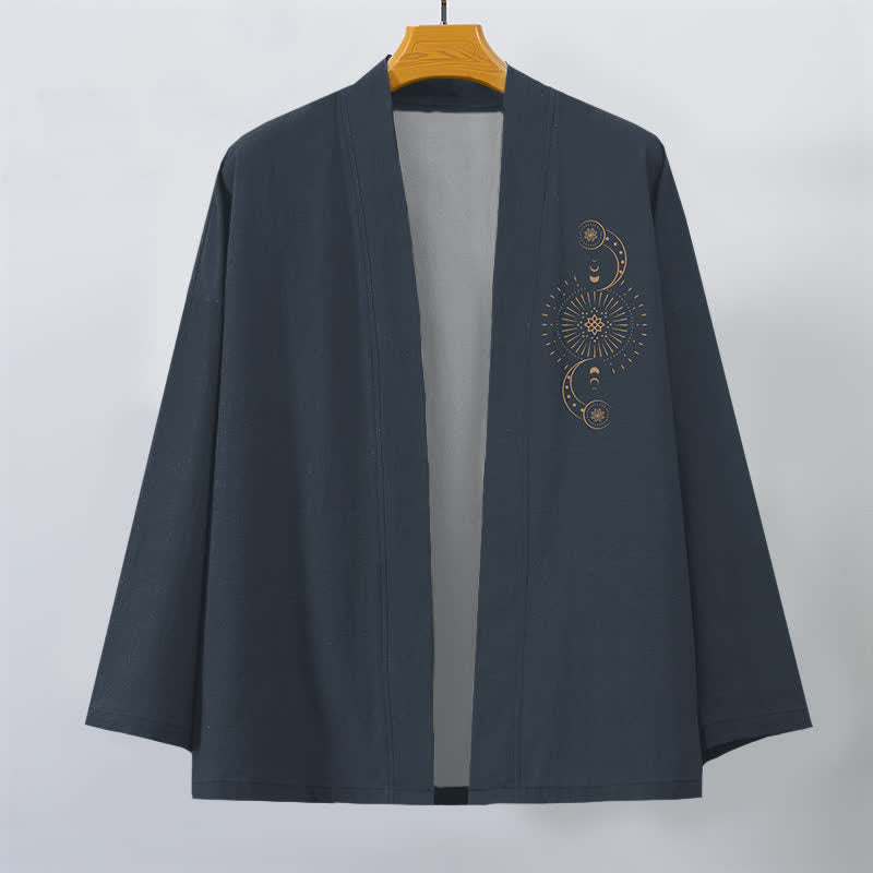 Buddha Stones Kimono de algodón con estampado de fases lunares celestiales y sol, abierto por delante para hombre. - image 1