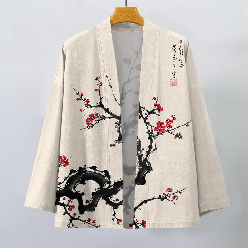 Buddha Stones Kimono de hombre con estampado de flores de ciruelo y frente abierto, color tinta de algodón. - image 1