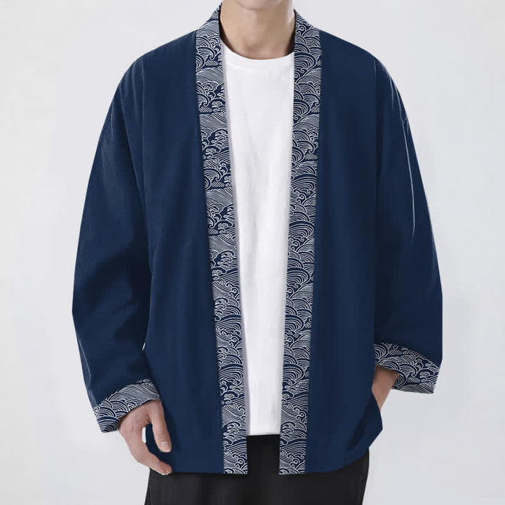 Buddha Stones Kimono de hombre de algodón con ribete de olas marinas y frente abierto. - Marina de guerra - US/UK/AU48, UE58 (4XL) - image 0