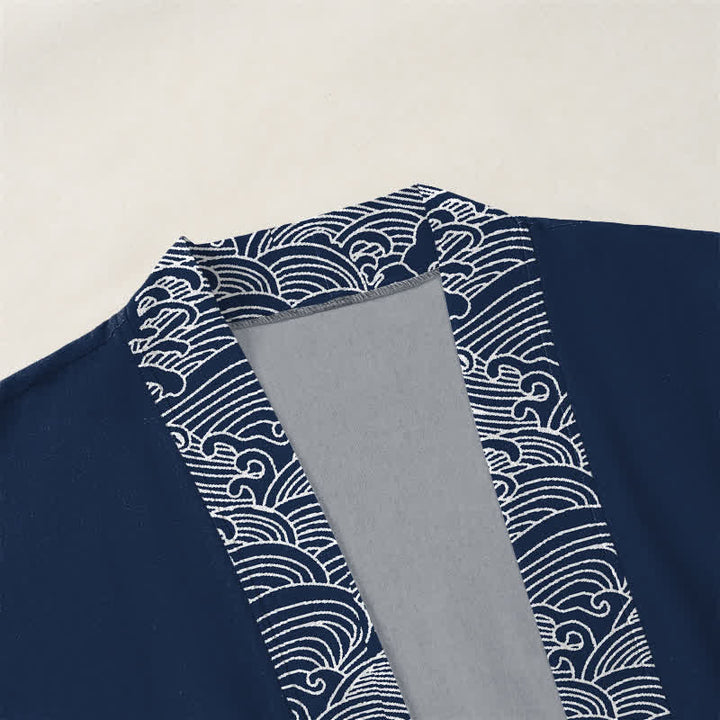 Buddha Stones Kimono de hombre de algodón con ribete de olas marinas y frente abierto. - image 3