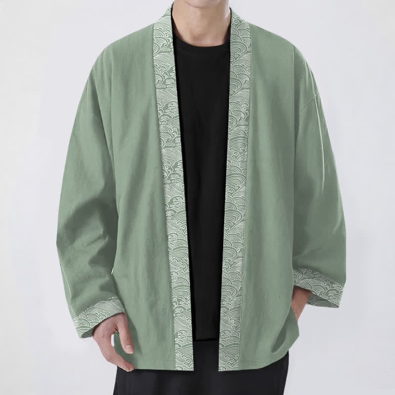 Buddha Stones Kimono de hombre de algodón con ribete de olas marinas y frente abierto. - Verde mar oscuro - US/UK/AU48, UE58 (4XL) - image 9