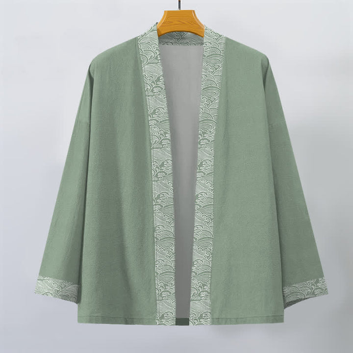 Buddha Stones Kimono de hombre de algodón con ribete de olas marinas y frente abierto. - image 10