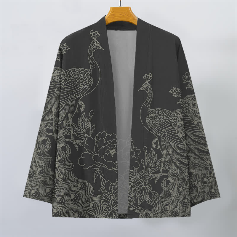 Buddha Stones Kimono de hombre con frente abierto, estampado de peonías y pavos reales de algodón. - image 1