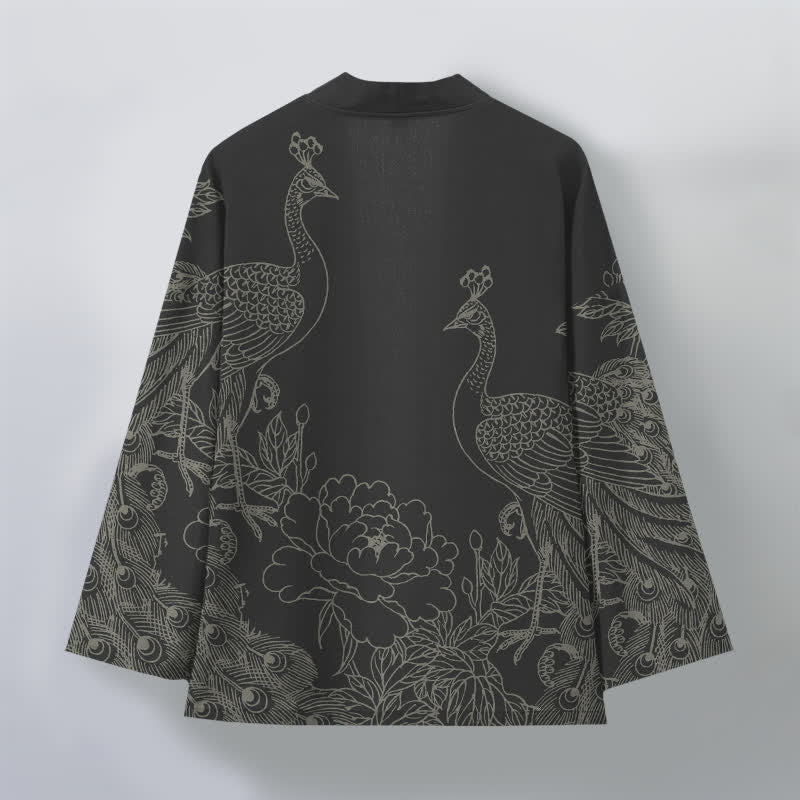 Buddha Stones Kimono de hombre con frente abierto, estampado de peonías y pavos reales de algodón. - image 2