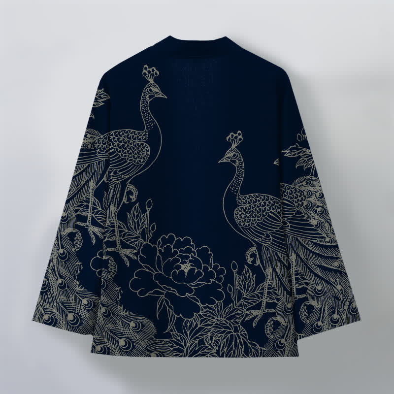 Buddha Stones Kimono de hombre con frente abierto, estampado de peonías y pavos reales de algodón. - image 8