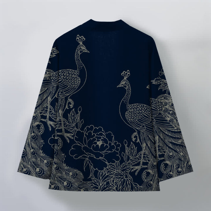 Buddha Stones Kimono de hombre con frente abierto, estampado de peonías y pavos reales de algodón. - image 8