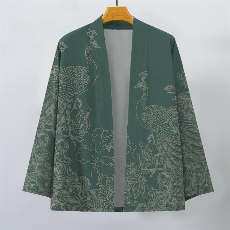 Buddha Stones Kimono de hombre con frente abierto, estampado de peonías y pavos reales de algodón. - image 10