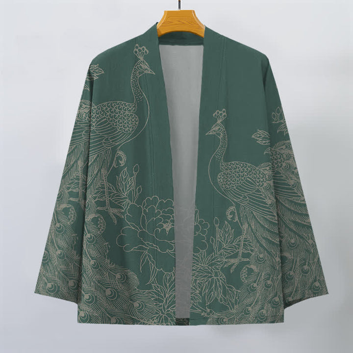 Buddha Stones Kimono de hombre con frente abierto, estampado de peonías y pavos reales de algodón. - image 10
