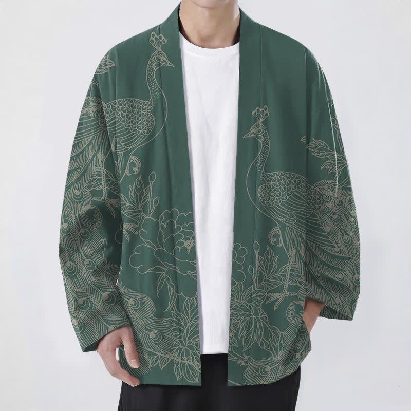 Buddha Stones Kimono de hombre con frente abierto, estampado de peonías y pavos reales de algodón. - Verde mar medio - US/UK/AU48, UE58 (4XL) - image 9