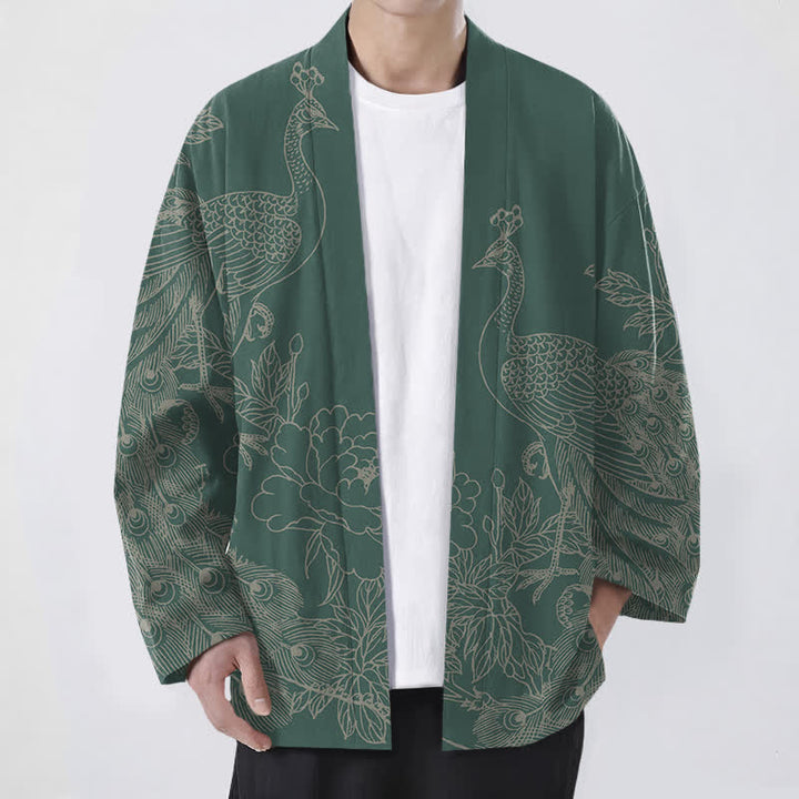 Buddha Stones Kimono de hombre con frente abierto, estampado de peonías y pavos reales de algodón. - Verde mar medio - US/UK/AU48, UE58 (4XL) - image 9