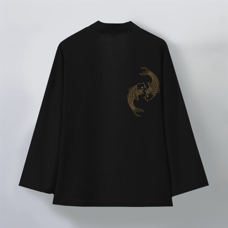 Buddha Stones Kimono de algodón con estampado de carpas koi y frente abierto para hombre - image 2
