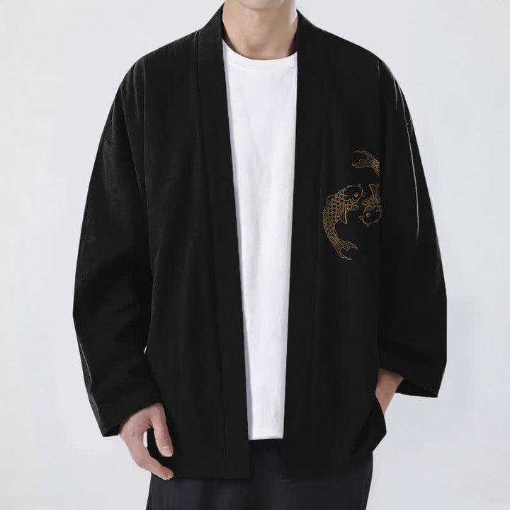 Buddha Stones Kimono de algodón con estampado de carpas koi y frente abierto para hombre - Negro - US/UK/AU48, UE58 (4XL) - image 0