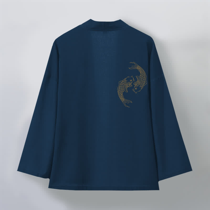 Buddha Stones Kimono de algodón con estampado de carpas koi y frente abierto para hombre - image 11
