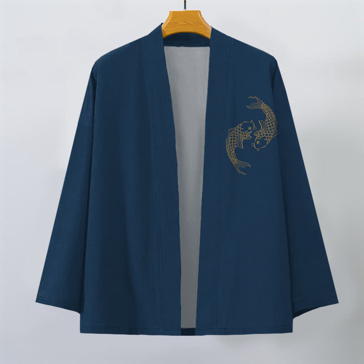 Buddha Stones Kimono de algodón con estampado de carpas koi y frente abierto para hombre - image 10