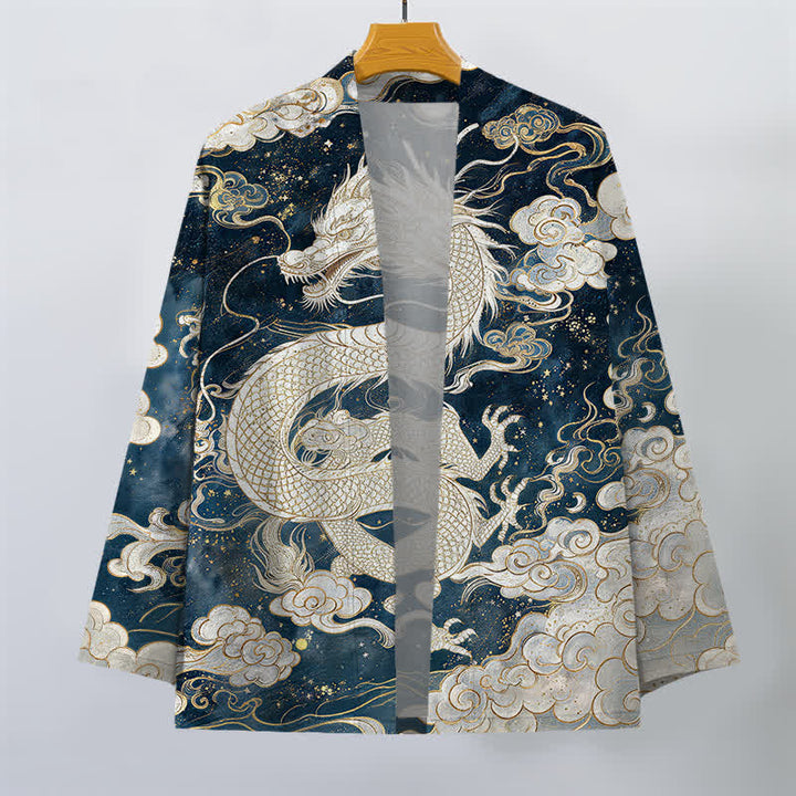 Buddha Stones Kimono de algodón con estampado de dragón celestial y nubes en espiral, abertura frontal para hombre. - image 1