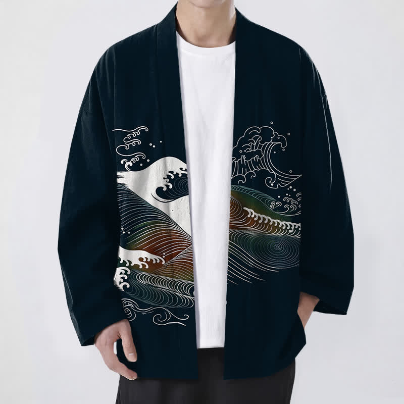 Buddha Stones Kimono de hombre con estampado de olas oceánicas fluidas y frente abierto, de algodón. - Negro - US/UK/AU48, UE58 (4XL) - image 0