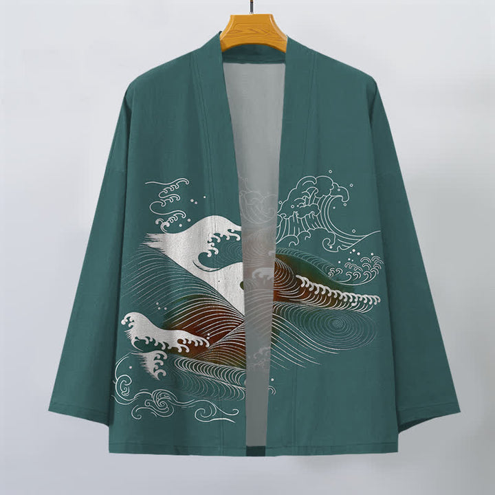 Buddha Stones Kimono de hombre con estampado de olas oceánicas fluidas y frente abierto, de algodón. - image 7