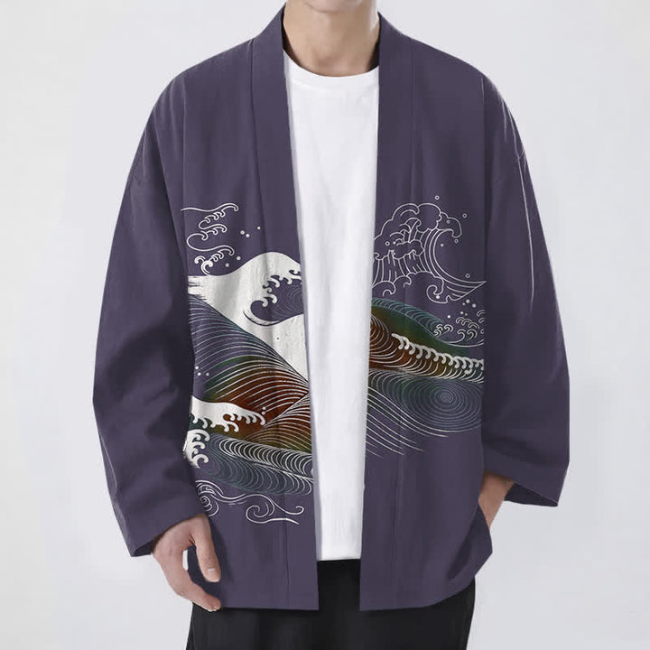 Buddha Stones Kimono de hombre con estampado de olas oceánicas fluidas y frente abierto, de algodón. - Azul pizarra oscuro - US/UK/AU48, UE58 (4XL) - image 9