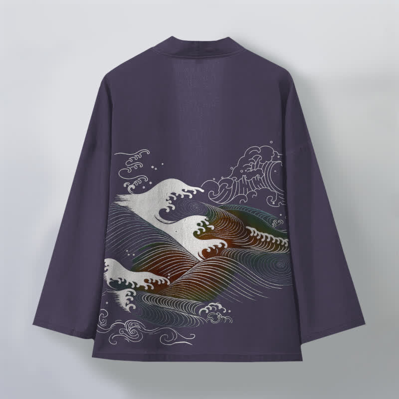 Buddha Stones Kimono de hombre con estampado de olas oceánicas fluidas y frente abierto, de algodón. - image 11