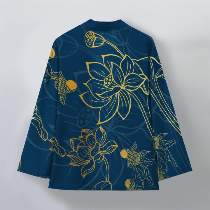Buddha Stones Kimono de algodón con estampado de loto koi y frente abierto para hombre - image 8