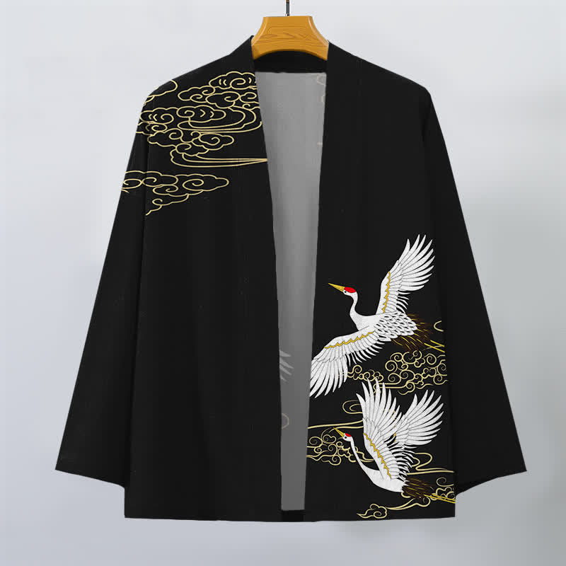 Buddha Stones Kimono de hombre con frente abierto, estampado de grulla y nube auspiciosa, color blanco algodón. - image 1