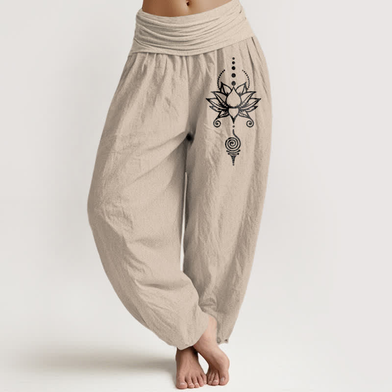Buddha Stones Pantalones harem de mujer con cintura elástica y estampado geométrico Zen Lotus de algodón puro para mujer - Broncearse - US16，UK/AU20，EU48 (3XL) - image 11