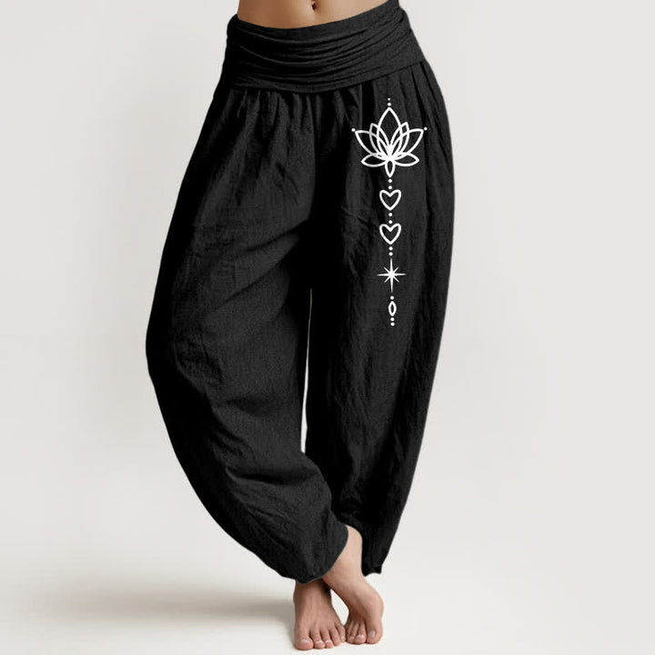 Buddha Stones Pantalones harem de algodón puro con estampado de corazón de loto y estrella para mujer, con cintura elástica. - Negro - US16，UK/AU20，EU48 (3XL) - image 0