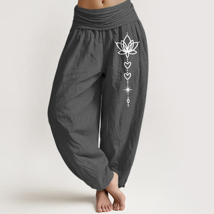 Buddha Stones Pantalones harem de algodón puro con estampado de corazón de loto y estrella para mujer, con cintura elástica. - Gris oscuro - US16，UK/AU20，EU48 (3XL) - image 8