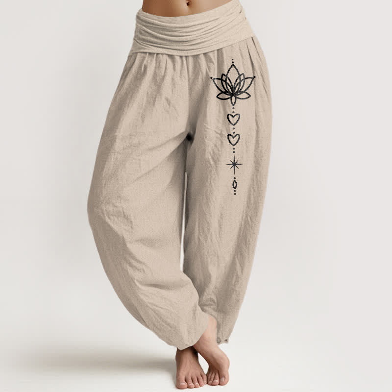 Buddha Stones Pantalones harem de algodón puro con estampado de corazón de loto y estrella para mujer, con cintura elástica. - Broncearse - US16，UK/AU20，EU48 (3XL) - image 11