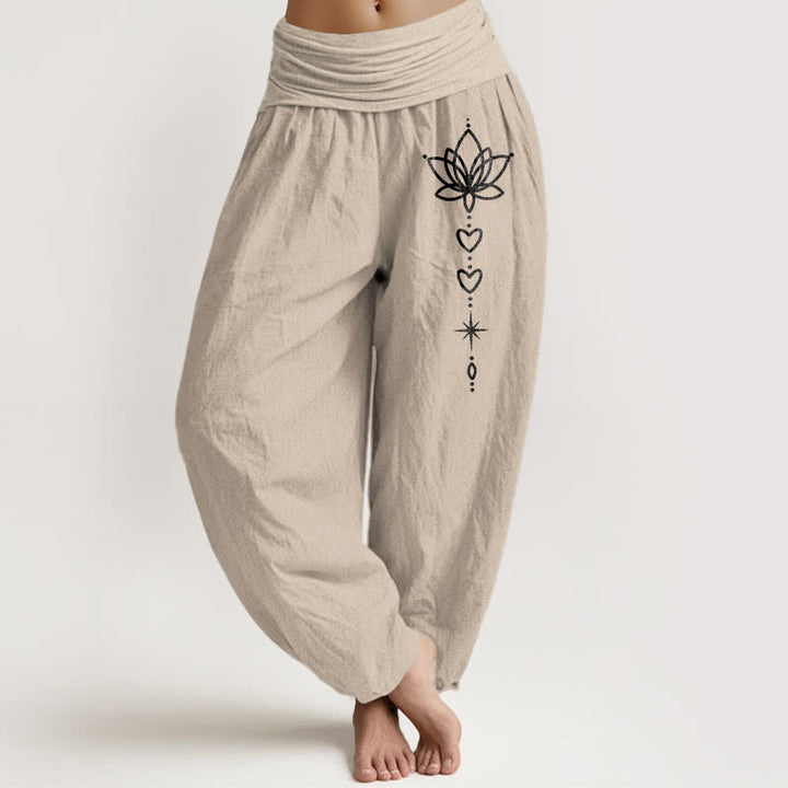 Buddha Stones Pantalones harem de algodón puro con estampado de corazón de loto y estrella para mujer, con cintura elástica. - Broncearse - US16，UK/AU20，EU48 (3XL) - image 11