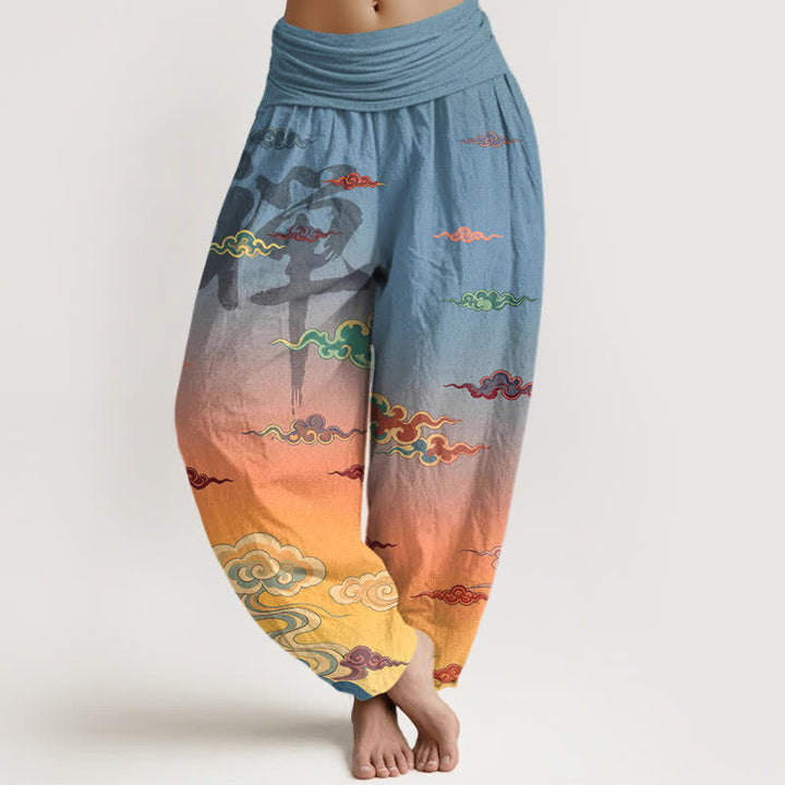 Buddha Stones Pantalones harem de algodón con estampado oriental de nubes Zen y cintura elástica para mujer. - Naranja - US16，UK/AU20，EU48 (3XL) - image 0